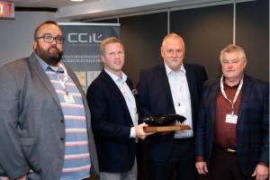 CCIL President Mark Charbonneau was honoured to present the CCIL Leadership Award to the Patterson Group in Ottawa on October 6, 2025. Shown from left to right are Curtis Beadow, Operation Manager – Laboratories, David Gilbert, P.Eng., President, Mark Charbonneau (CCIL) and Mark D’Arcy, P.Eng., Director – Environmental Division. Congratulations to the Patterson Group Inc.