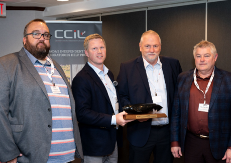 CCIL President Mark Charbonneau was honoured to present the CCIL Leadership Award to the Patterson Group in Ottawa on October 6, 2025. Shown from left to right are Curtis Beadow, Operation Manager – Laboratories, David Gilbert, P.Eng., President, Mark Charbonneau (CCIL) and Mark D’Arcy, P.Eng., Director – Environmental Division. Congratulations to the Patterson Group Inc.